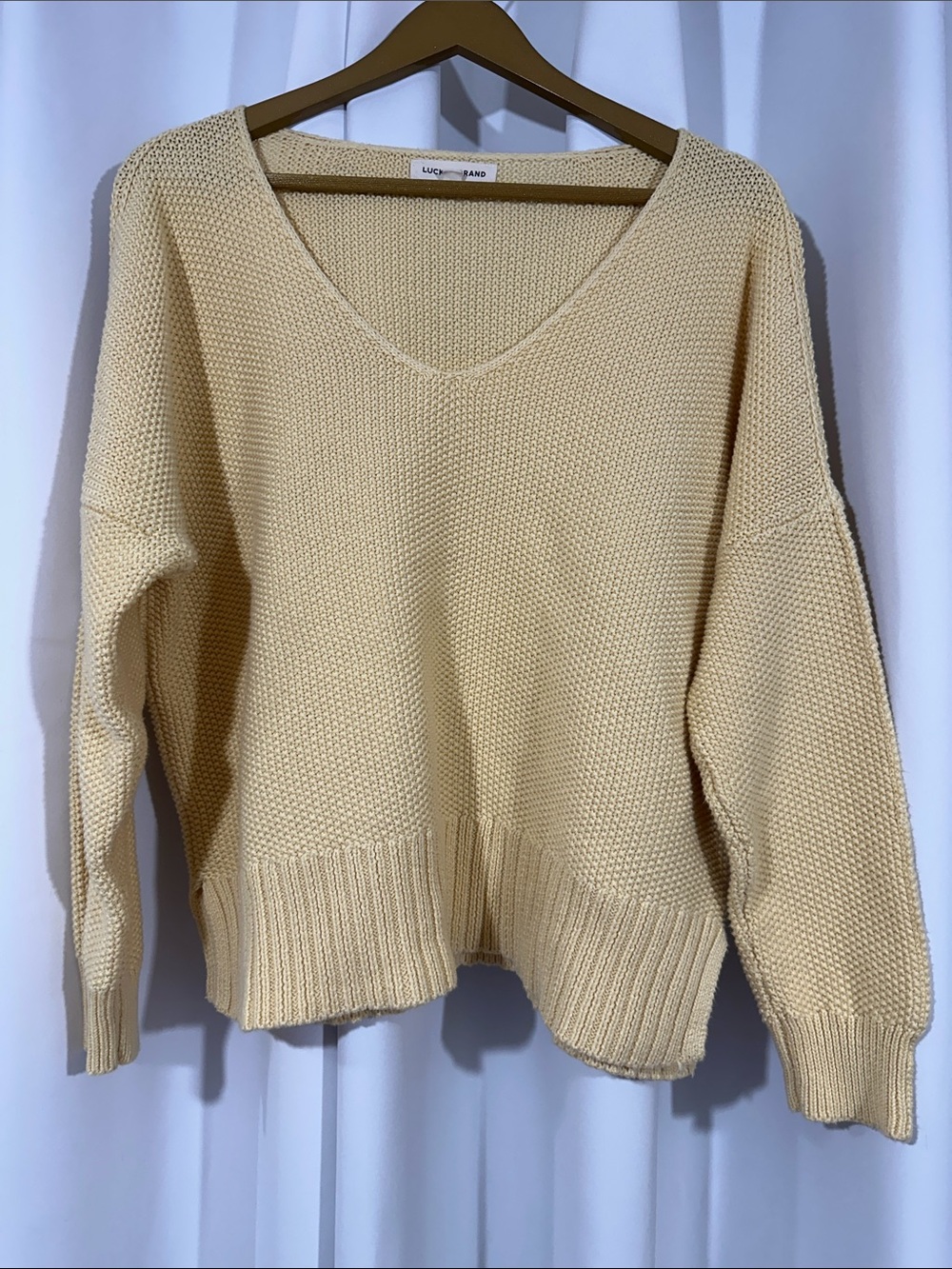 Lucky Brand Chunky Knit V-Neck Sweater Size L Yellow Cream Cotton Blend